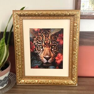 Leopard Moody Floral Wall Art Canvas Print Ornate Gold Frame 14.5x17.5” Cheetah